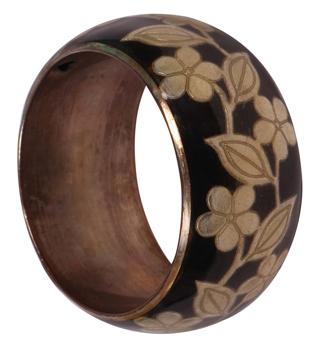 Round Broad Bangle - Black & Dull Golden Finish - Floral Motifs - Handmade in Brass & Iron - Fashion Accessories - Unique Metal Jewelry - Buy in Bulk Wholesale
